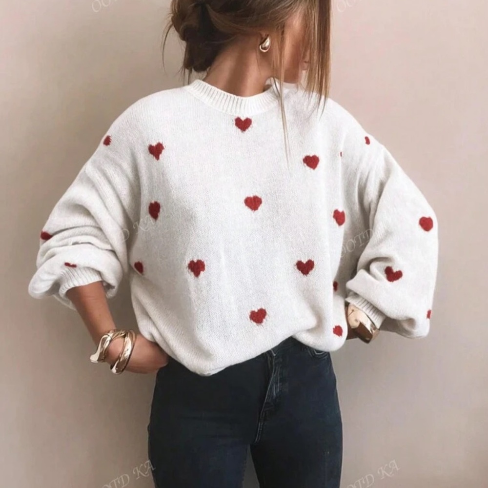 SHEIN White Sweater with Red Heart Pattern